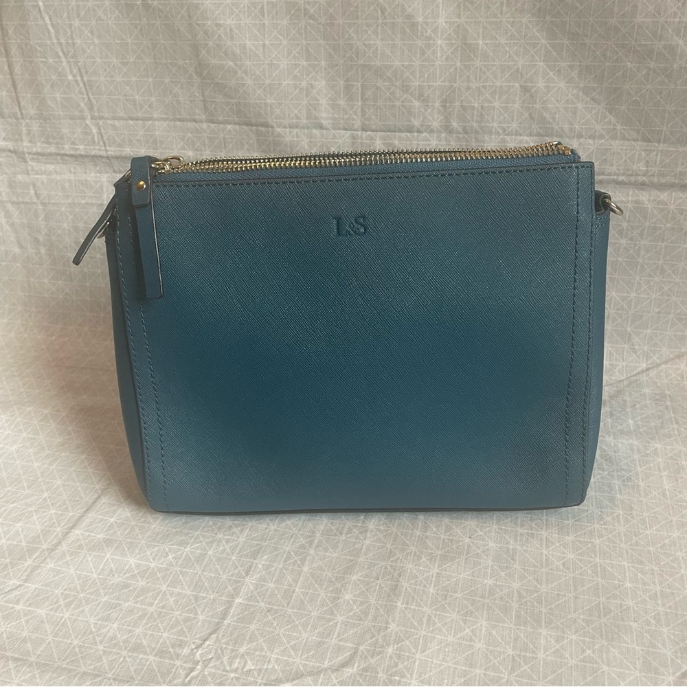 Lo & Sons The Pearl Crossbody Bag in HTF Pacific Blue Saffiano/Gold/Gray - Picture 3 of 6